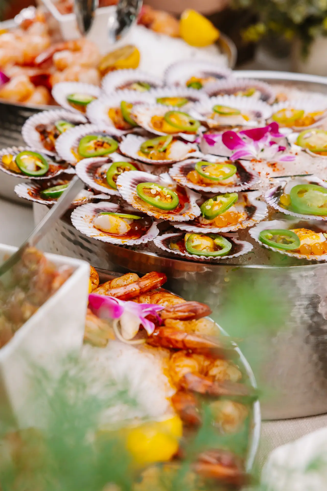 Seafood on ice with orchids at CALA